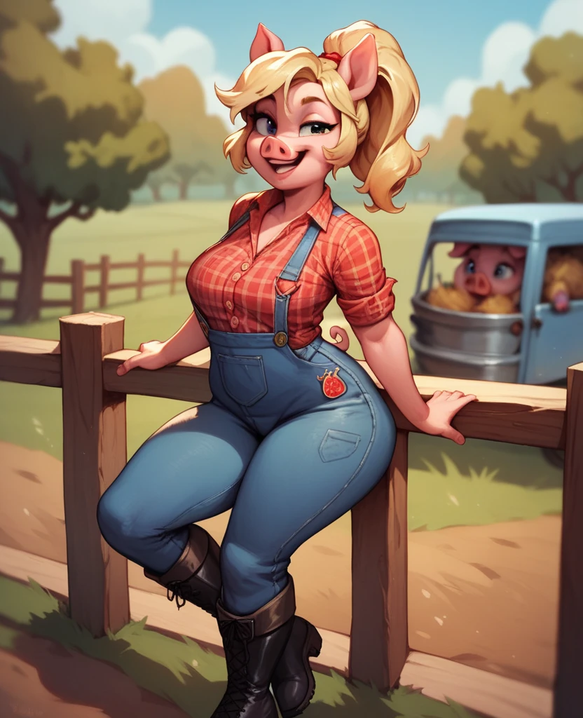 anthropomorphic pink pig, blonde, wear a red cropped,blue short and black boots,farmer, looking at the view, smug smile 