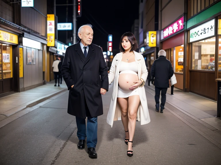  magazine cover,  Sex Friend, Take a walk with a young pregnant woman with a sad face、 short haired older man  ９５old man   , middle man ，Open sheer white maternity coat, ,Take a walk in Kabukicho at night 、NFSW