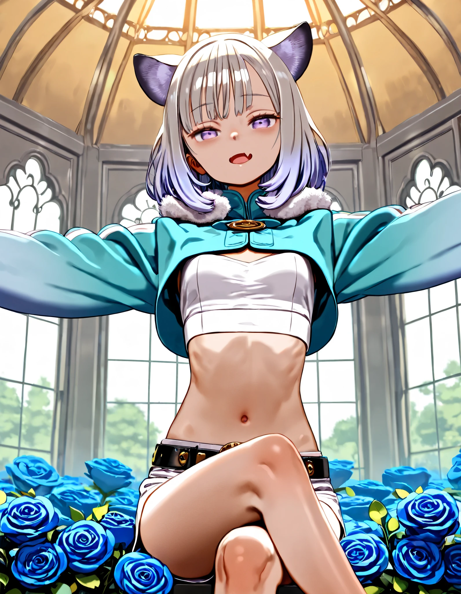 ((Masterpiece)), ((best quality)), (8K), (wide shot), cinematic lighting, (detailed background:1.2), (super detail:1.2),(High Definition:1.3), (Professional Photography:1.2), (very aesthetic:1.2), (absurdres:1.2), (sharp focus), ((1girl)), teenage Girl, (Textured skin), (Realistic skin), (pale purple eyes, gradient eyes, upturned eyes), (platinum-gold hair), ((fanged bangs)), gradient hair, blue color Hair Tip, (medium hair), small breast, (Healthy Gaunt body), (open mouth wide, skin fang), seductive smile, (cute cheeks), glossy lips, pouty lips, bags under the eyes, (lower eyelashes), (tilt head), put on cat ears, BREAK, (cropped shirt, white shirt, gradient jacket, cropped jacket, fur trim), luxury belt, white shorts, ((outstretched arms at viewer)), (loose sitting, crossed legs, inside the gazebo), Beautiful blue roses garden, ((by Kuroboshi Kouhaku)),