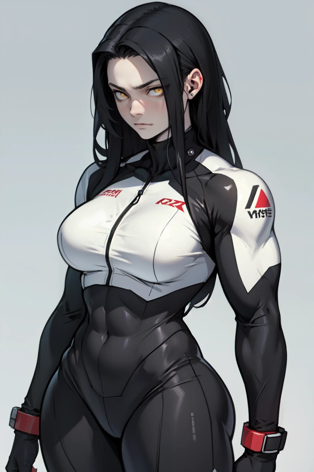 ((((muscular 1girl)))) ((((thick toned body breasts)))) (pale skin) black hair yellow eyes very long hair expressionless expressionless skintight