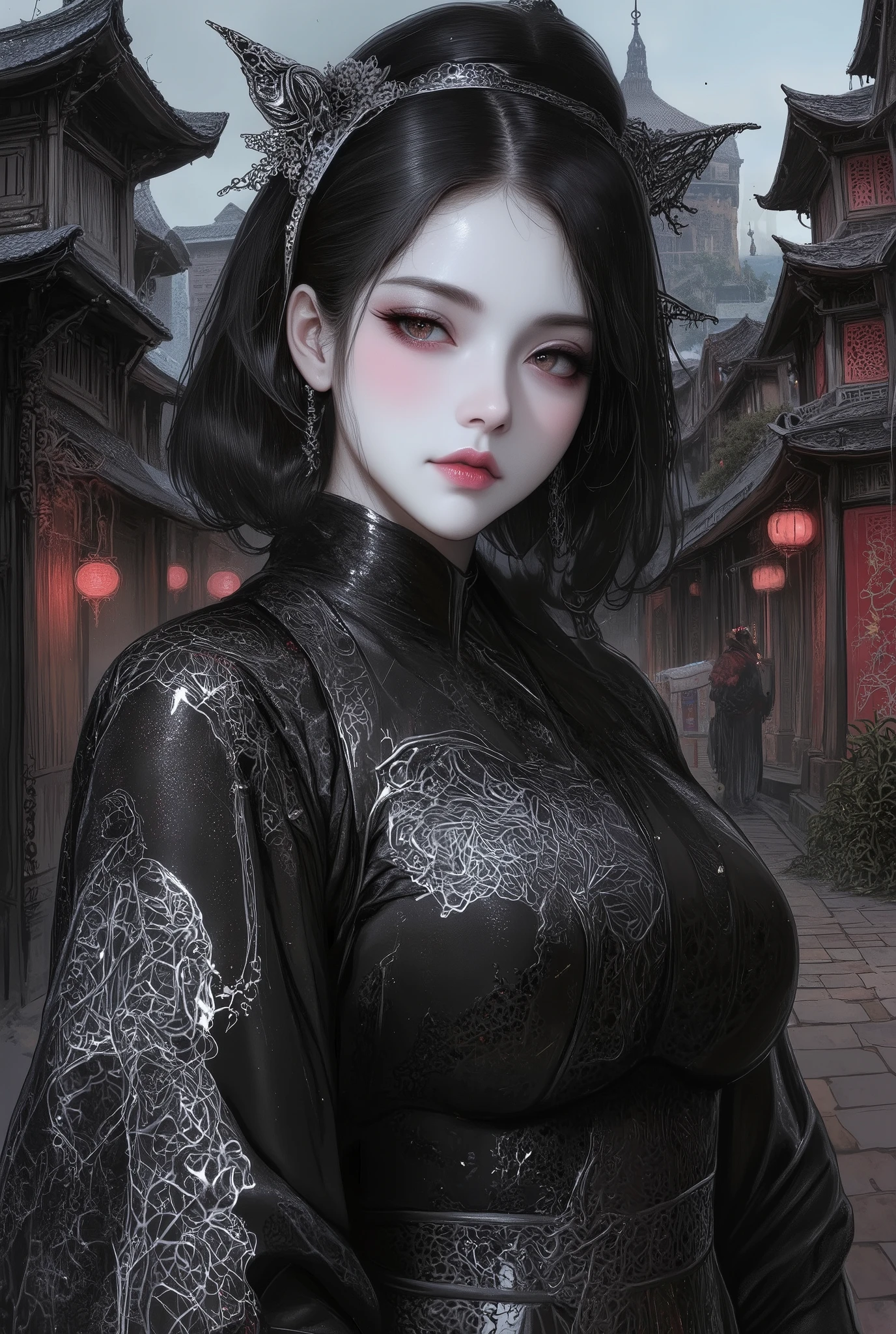 The image is a digital drawing portrait in a highly detailed, traditional Japanese style, specifically a mix of ukiyo-e and modern digital art of a geisha; black kimono, gothic makeup, blacked out eyes, cinematic gothic village in Shanghai in the background, ethereal