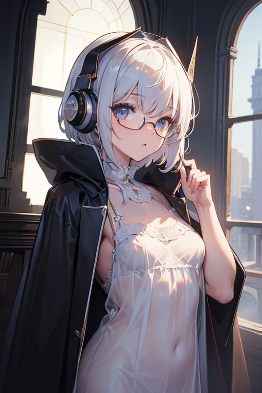 ((best quality, masterpiece, super-resolution)), ((beautiful body, small breast)),Maximum facial details, Maximum detailed textures, Maximum detailed shadows, Maximum detailed backgrounds Maximum Facial Detail, Maxi,beautiful composition, cinematic lighting, extremely detailed, 8k, cinematic postprocessing, (((1girl))),(((glasse ))) white_hair, short_hair, headphones, looking up, ruins, oversized clothes,(Mods Coat), panorama_view, whole_body_from_a_distance, distant_view, wide_angle_lens, detailed_background, ((nightgown, sheer robe)),solo, upper body, coat on shoulders, headgear, mecha musume,