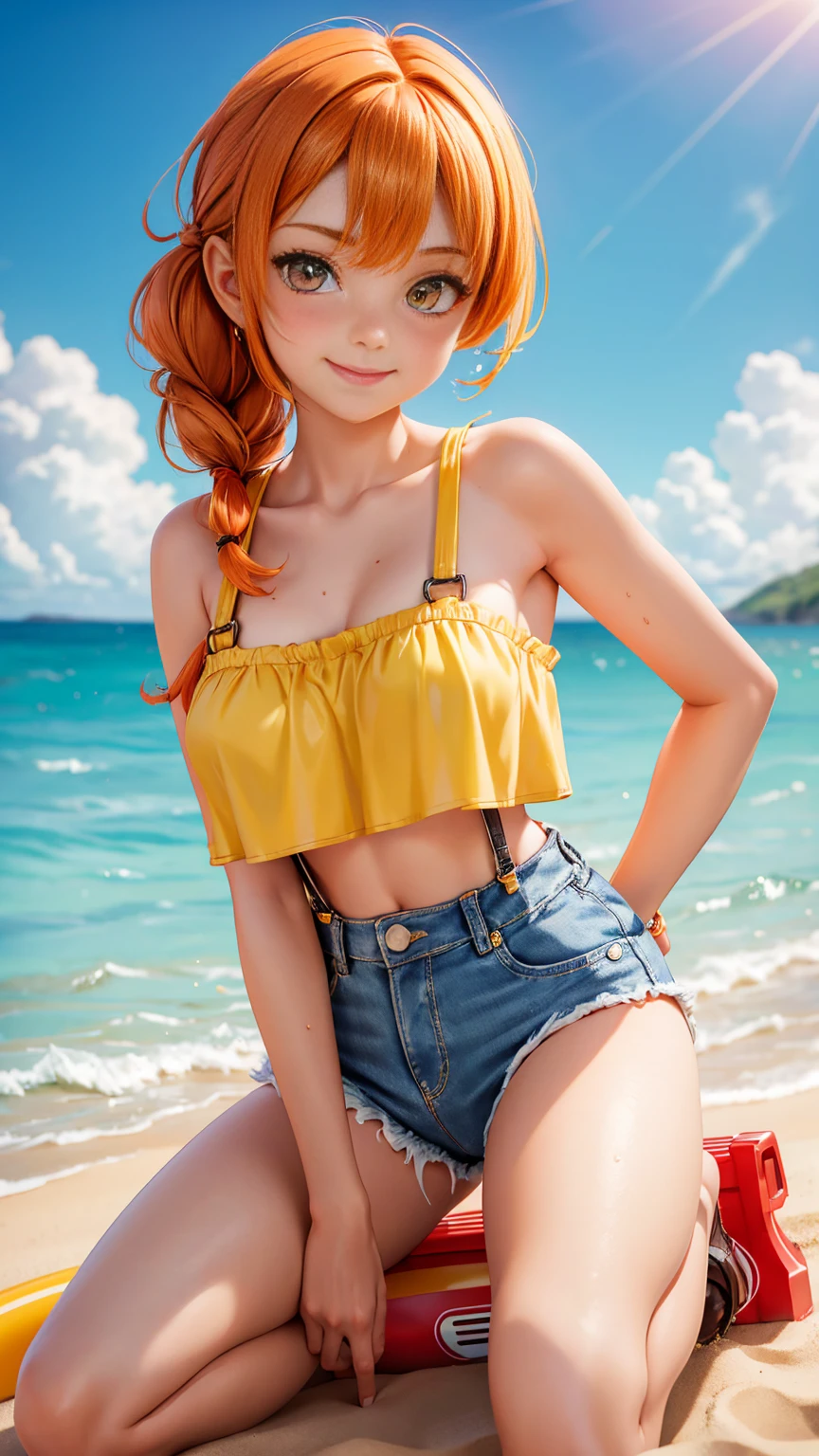 orange hair shortcut Clear eyes big chest waist is thin swimsuit jeans 19 years old Height 160cm Nami from Manga On Piece breasts are larger Slim waist swimsuitはカラフル smile