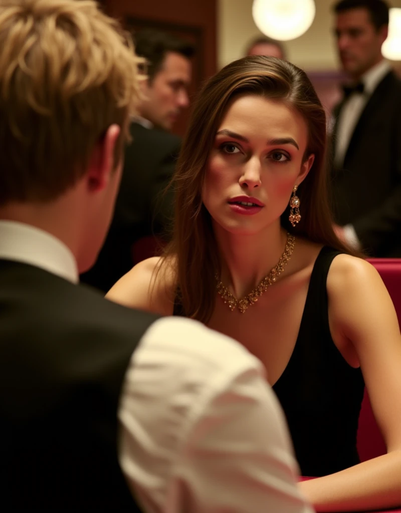 1 man and woman, man  is golden shot hair, white shirt and black vest,  man is back body only ,pint is  woman, trump battle scene, dutch angle , 1 woman is  Keira Knightley of Gambler, 30-age, middle hair,  brown hair, gold earring and neck-less, lady watch , black evening dress,play gamble, trump Poker game , in casino, many guest looking her (masterpiece, Highest quality, masterpiece, God-like quality, Godly art, Very realistic)