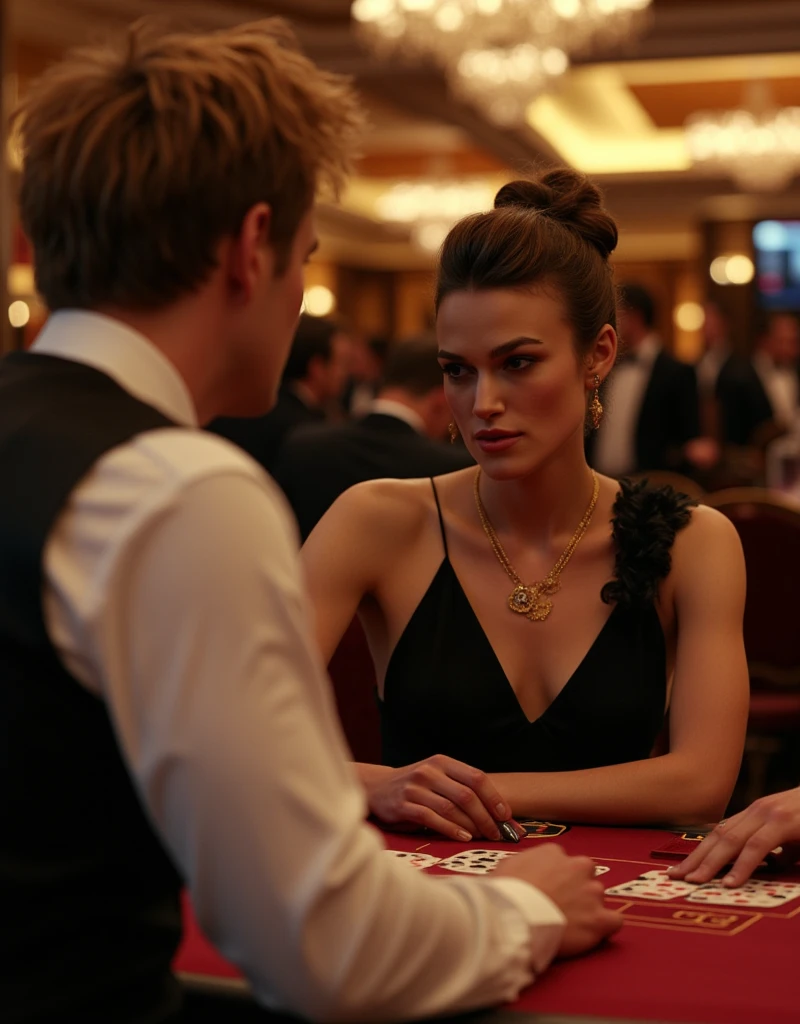 1 man and woman, man  is golden shot hair, white shirt and black vest,  man is back body only ,pint is  woman, trump battle scene, dutch angle , 1 woman is  Keira Knightley of Gambler, 30-age, middle hair,  brown hair, gold earring and neck-less, lady watch , black evening dress,play gamble, trump Poker game , in casino, many guest looking her (masterpiece, Highest quality, masterpiece, God-like quality, Godly art, Very realistic)