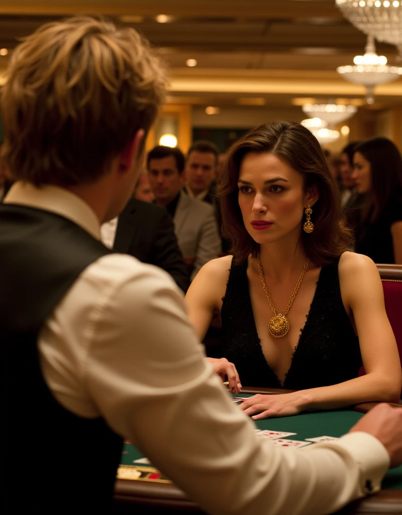 1 man and woman, man  is golden shot hair, white shirt and black vest,  man is back body only ,pint is  woman, trump battle scene, dutch angle , 1 woman is  Keira Knightley of Gambler, 30-age, middle hair,  brown hair, gold earring and neck-less, lady watch , black evening dress,play gamble, trump Poker game , in casino, many guest looking her (masterpiece, Highest quality, masterpiece, God-like quality, Godly art, Very realistic)