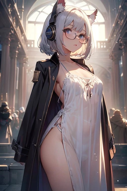 ((best quality, masterpiece, super-resolution)), ((beautiful body, small breast)),Maximum facial details, Maximum detailed textures, Maximum detailed shadows, Maximum detailed backgrounds Maximum Facial Detail, Maxi,beautiful composition, cinematic lighting, extremely detailed, 8k, cinematic postprocessing, (((1girl))),(((glasse ))) white_hair, short_hair, headphones, looking up, ruins, oversized clothes,(Mods Coat), panorama_view, whole_body_from_a_distance, distant_view, wide_angle_lens, detailed_background, ((nightgown, sheer robe)),solo, upper body, coat on shoulders, headgear, mecha musume,