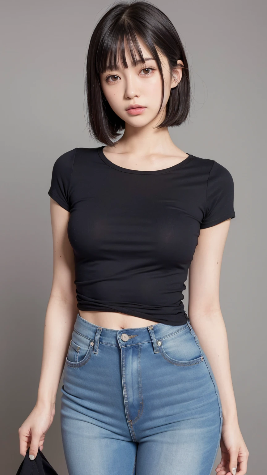 a woman in a blusa preta and jeans posing for a picture, blusa preta, corte superior, corte superior, camisa preta, wearing a camiseta preta, vestindo camiseta preta, camiseta preta, com camiseta rasgada, vestindo uma camiseta preta, camisa apertada, camiseta, camiseta preta, camiseta preta, usando um top cropped sexy