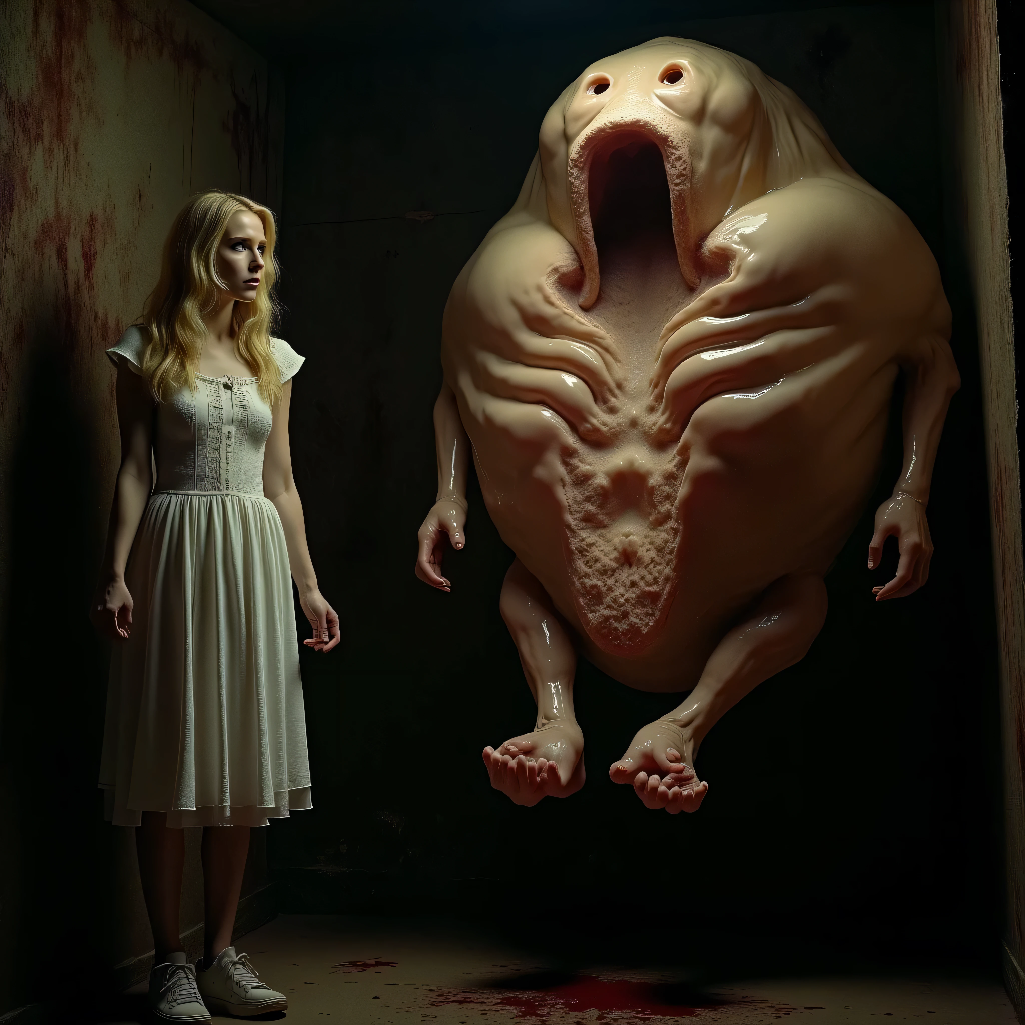 "(the best lighting, high contrast , dark, dramatic),(mujer rubia junto a un fetus gigante de gelatina, Open the rib cage, fetus, autopsy, human bones, blood on the walls), tv on . Light Caravaggio"