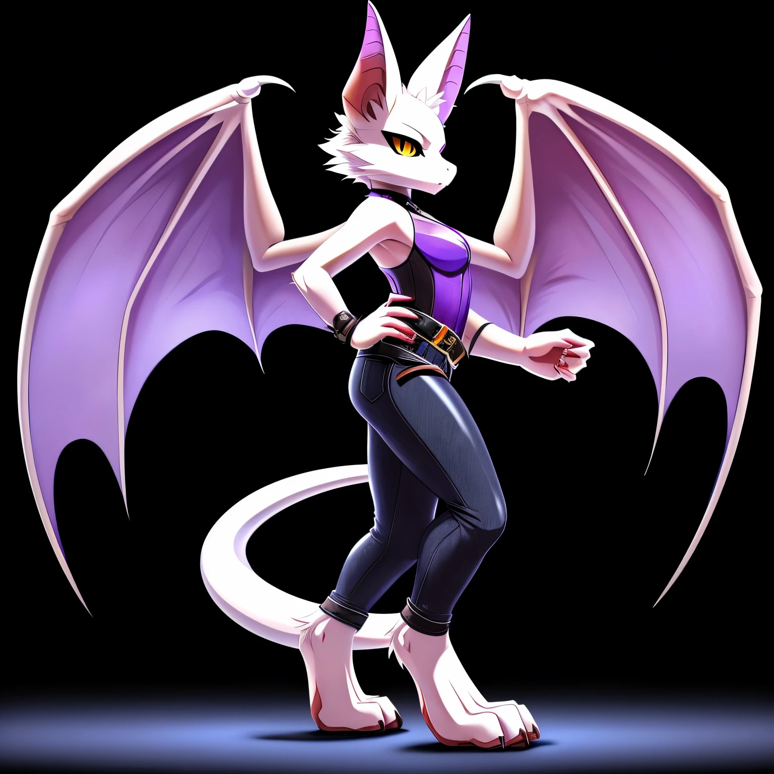 SFW version, anime, anime style, solo picture, ((three-quarter view)), ((looking to the side)), ((standing)), full body picture, ((facing viewer)), Anthro bat character, tall figure, ((Fit figure)), ((purple skin)), purple hands, clawed hands, fingerless gloves, ((clawed feet)), ((Dragon Feet)), ((Scaled feet)), ((one pair of huge purple bat wings)), ((Purple bat ears)), ((wearing black denim leggings)), wearing a leotard, ((exposed white thighs)), ((wearing belts on arms)), ((belts around ankles)), ((wearing belts on legs)), stylish outfit, black and purple clothes, ((white face with purple ears)), neutral expression, vivid yellow eyes, ((digitigrade legs)), ((digitigrade feet)), solid black background, dark background, highly detailed anime style, clean lines, beautiful demoness, female demon, gorgeous demon girl, ((hourglass figure)), short muzzle, furry cheeks, furry muzzle