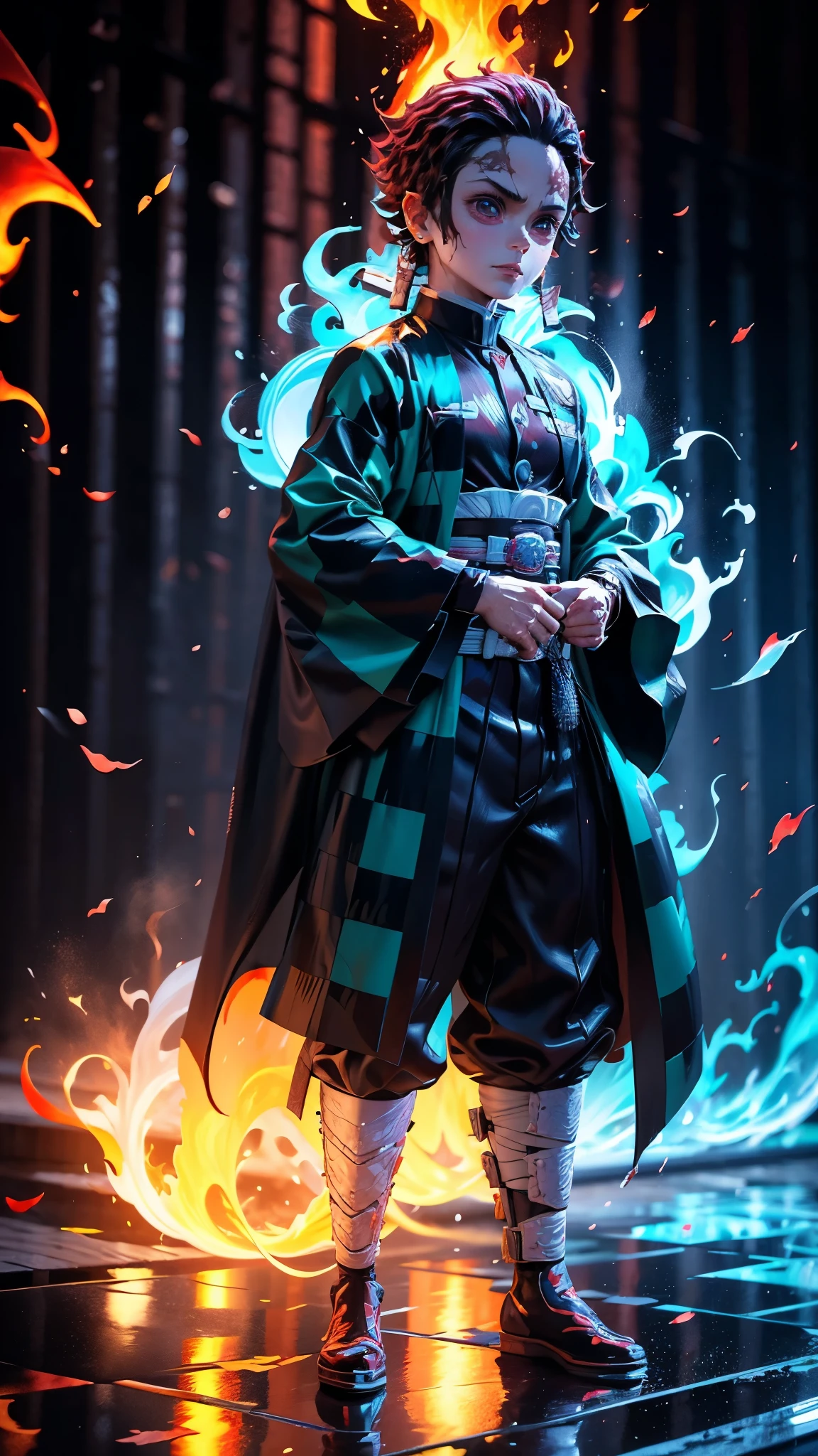 Because it's translucent and sculpted in flames.、Kamado Tanjiro,( kimetsu no Yaiba ),Full Style, wet roads, ultra high resolution ,8k Photo, Full body walking,{{a boy, super detailed , Demon Hunter Costume ,Engineering Hino Kamikagura