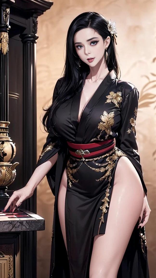 ((Best Quality)), ((masutepiece)), (Detailed), (highlight), Perfect face、Young girl with detailed face showing cleavage、Long, thick, glossy, beautiful black hair with blunt bangs、Single-color background、standing wearing a patterned kimono、