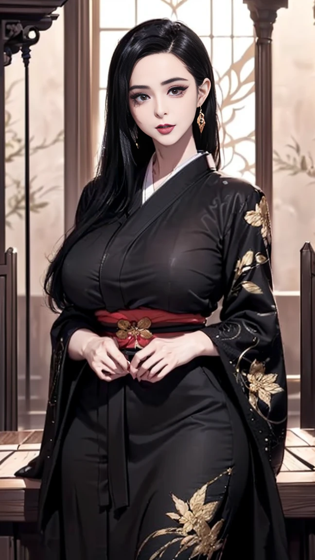 woman((30 years old)), hair((long, Wavy, Black)), Eye((smart Eye, Black Eye contact)), ((Transparent Kimono, White)), Accessories ((hairpin, necklace, earrings)), Large Breasts: 1.3, :1.2, Korean makeup, red lips, castle, , Rainforest， double hair bun, ，Bikini，nude，Standing