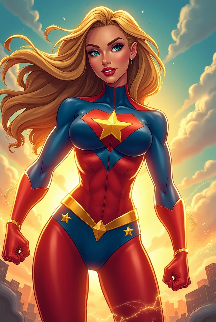 Brie Larson as Captain Marvel playing with her feet showing her perfect toes, thick thighs, tight body 8k, huge resolution, cleavage focus, sexual expression, long blonde hair styled in loose waves, smiling, cute smile, nsfw, nip-slip, visible areolas, visible nipples, hard nipples, perky tits, thigh gap, cameltoe, visible crotch, full body view, bare feet, beautiful feet