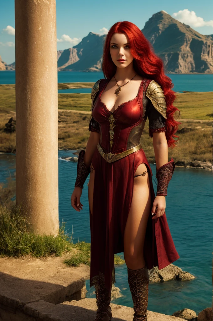 full body. Red Sonja, a warrior woman, long red hair, wild eyes, sensual, athletic, wears a silver chain strap on her chest, a short animal skin loincloth, aged embroidered leather boots, sweats, in a deadly battle against her enemies, the Khitanese, in the Hyrkania Desert. film composition photography, Very detailed, extremely high resolution, professional color, amazing light, daylight, 300k resolution, extremely realistic, many details. wavy red hair, green eyes, burgundy lips, long slim neck wide athletic shoulders, slim waist, long muscular legs, perfect hands, perfect legs, perfect breasts, complicated