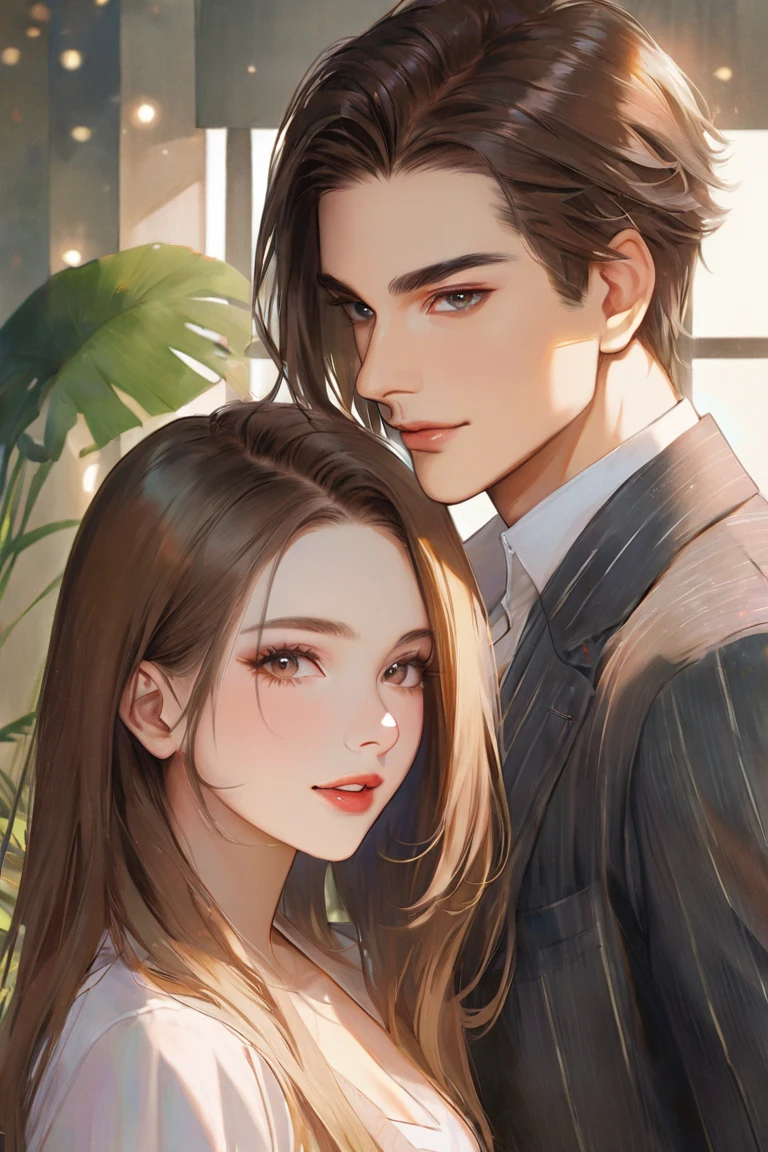 handsome guy and beautiful woman, soft lights, bright tones, smooth tones, Realistic Textures, Masterpiece , normal clothes, DIFFARENT HAIR COLOR, 2 person