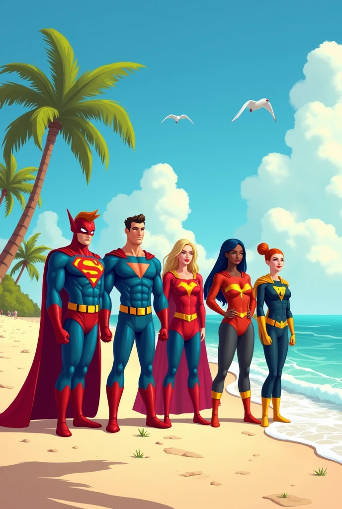 Superheroes are playing volleyball on the beach, DC's Justice League vs Marvel's Avengers, 5 players per team, relaxing super costumes