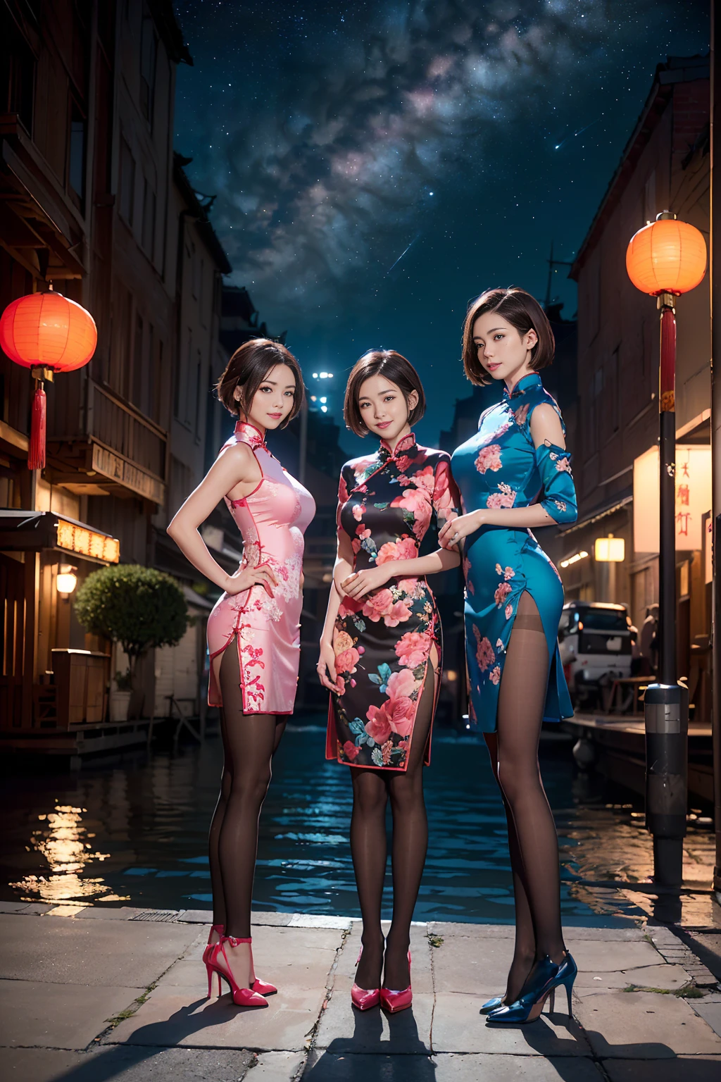 ((Best quality, 8K, Lace maxi dress, Standing in the rain, red light district, Highly detailed face and skin texture, Detailed eyes, Double eyelids.)Flesh-colored pantyhose,high-heels