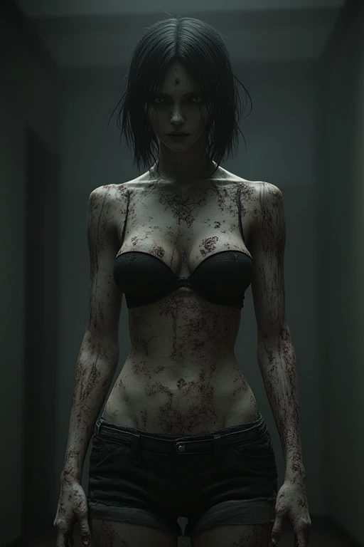 a woman, very thin body, visible bones, extremely slender, sweaty wet pale skin, panties, bra, full body tattoos, mental breakdown in underground prison, (best quality,4k,8k,highres,masterpiece:1.2),ultra-detailed,(realistic,photorealistic,photo-realistic:1.37),HDR,UHD,studio lighting,ultra-fine painting,sharp focus,physically-based rendering,extreme detail description,professional,vivid colors,bokeh,horror,dark,moody,dramatic lighting