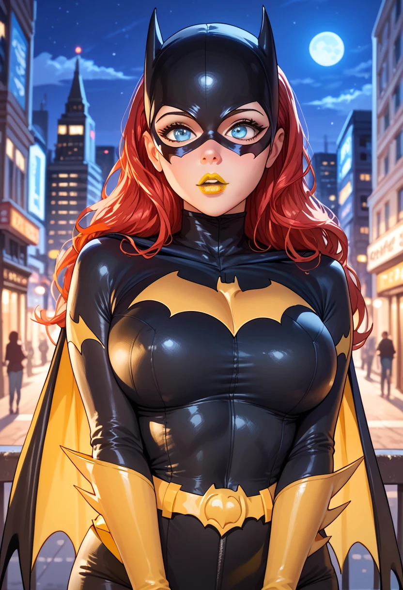 woman, big breasts, red hair, white skin, yellow lipstick, anime style, night, cartoon, mask, blue eyes, city, black costume, yellow costume, multicolored costume, Batgirl