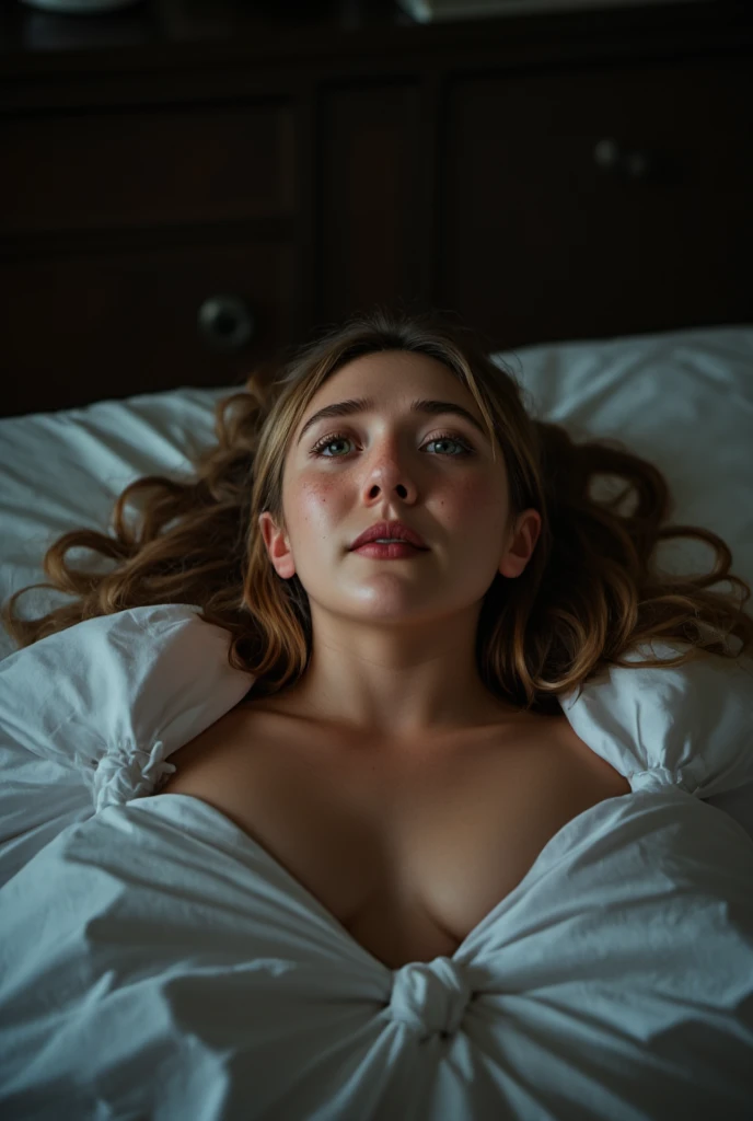 elizabeth olsen,long hair,bound to bed