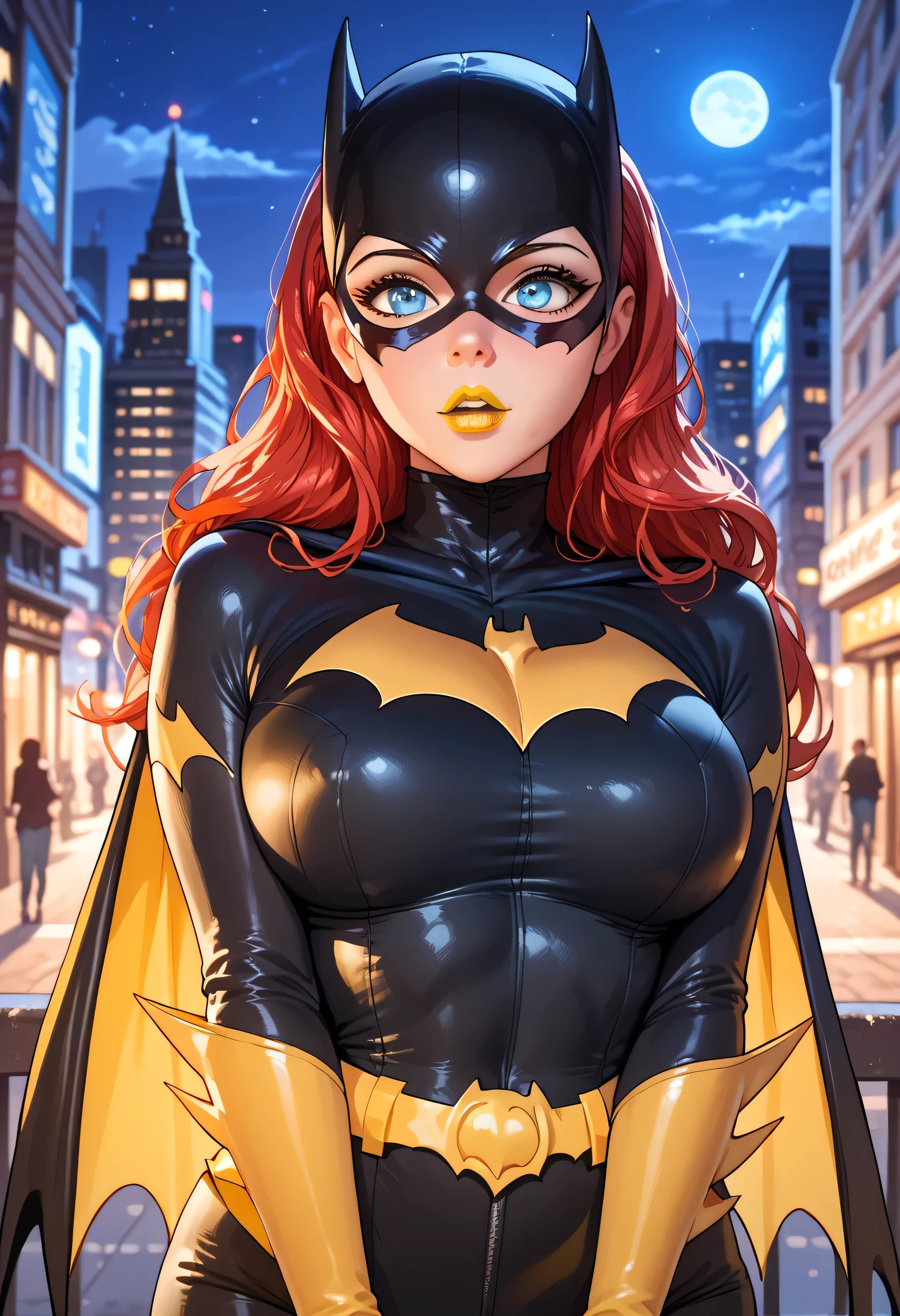 woman, big breasts, red hair, white skin, yellow lipstick, anime style, night, cartoon, mask, blue eyes, city, black costume, yellow costume, multicolored costume, Batgirl