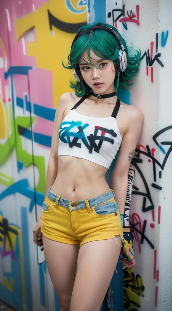 masterpiece, best quality, (extremely detailed CG unity 8k wallpaper, masterpiece, best quality, ultra-detailed, masterpiece, best quality, 1girl, solo, crop top, denim shorts, choker, (graffiti:1.5), paint splatter, arms behind back, against wall, looking at viewer, armband, thigh strap, paint on body, head tilt, bored, multicolored hair, aqua eyes, headset, Tatsumaki,