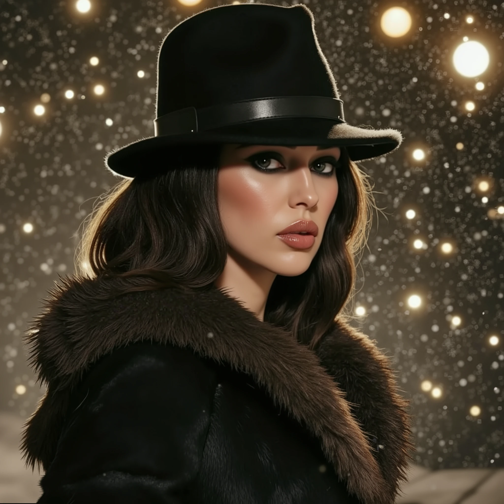 a portrait of a woman with dark hair and piercing eyes, wearing a fur coat and hat, her makeup is subtle and seductive, standing in the snow with christmas lights in the background, wet gouache painting, winter scene, (best quality,4k,8k,highres,masterpiece:1.2),ultra-detailed,(realistic,photorealistic,photo-realistic:1.37),intricate details,cinematic lighting,warm color tones,dramatic shadows,dramatic lighting,chiaroscuro,atmospheric,moody,enchanting,mesmerizing