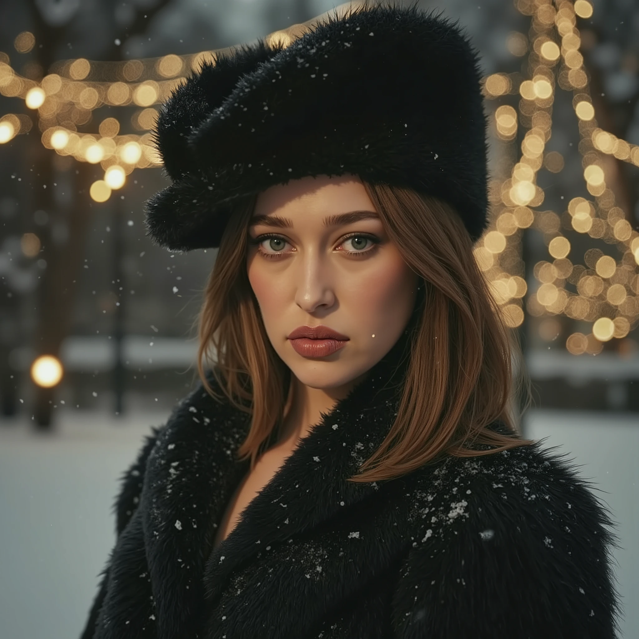 a portrait of a woman with dark hair and piercing eyes, wearing a fur coat and hat, her makeup is subtle and seductive, standing in the snow with christmas lights in the background, wet gouache painting, winter scene, (best quality,4k,8k,highres,masterpiece:1.2),ultra-detailed,(realistic,photorealistic,photo-realistic:1.37),intricate details,cinematic lighting,warm color tones,dramatic shadows,dramatic lighting,chiaroscuro,atmospheric,moody,enchanting,mesmerizing