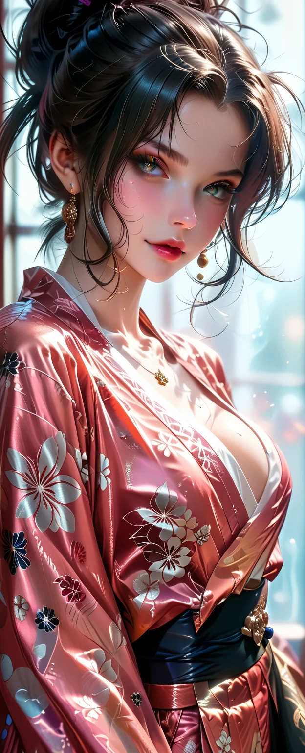 Beautiful 23 years old  perfect breast ecchi anime girl with seductive body in transparent glowing slit jelly kimono 