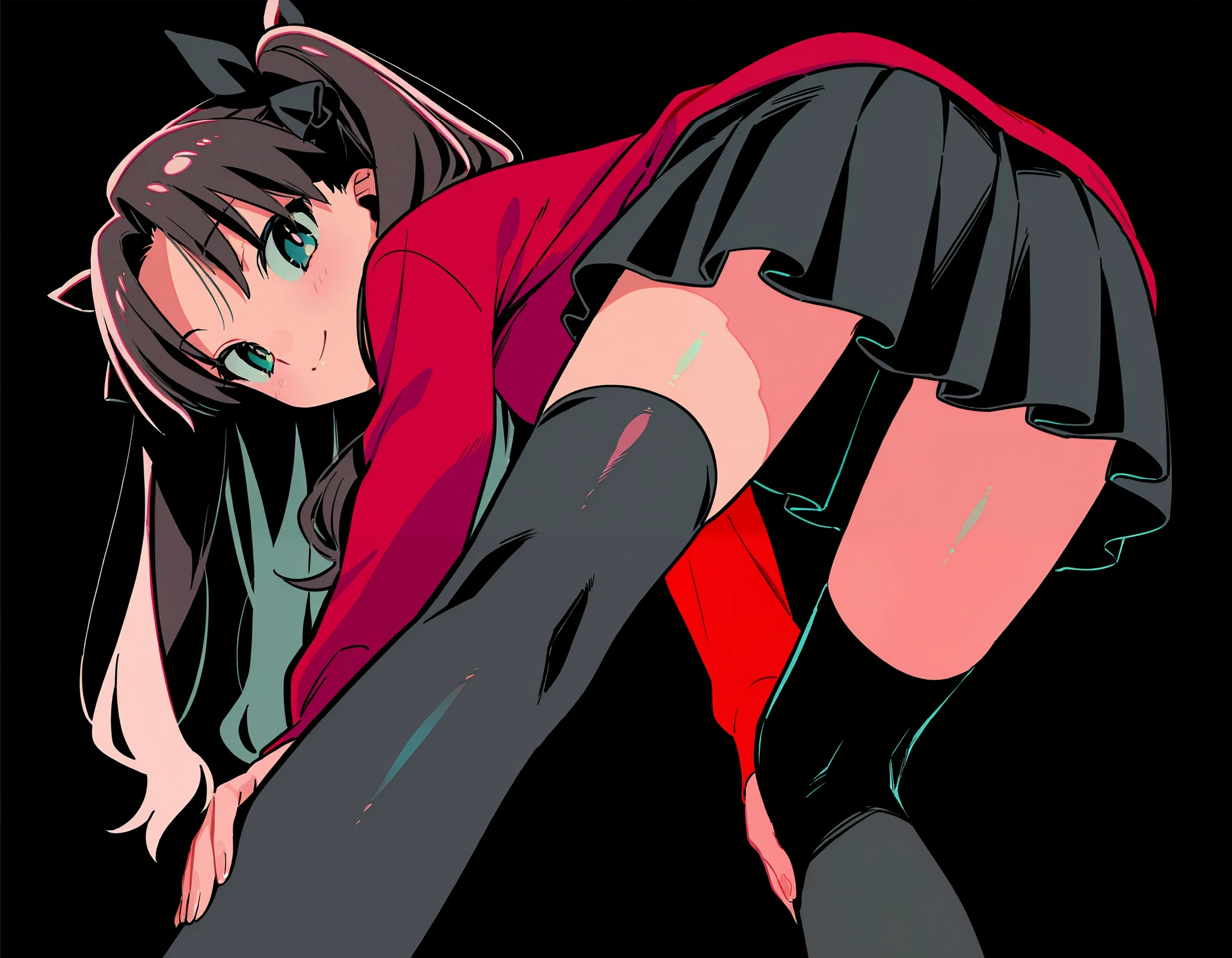 Lying down on her tummy, girl, skirt up, black skirt, long hair, no panties, flushed buttocks, brown hair, headphones, red hoodie, black socks, green eyes, hard palm marks, punishment, crying, time-out, front and behind pov, red buttocks