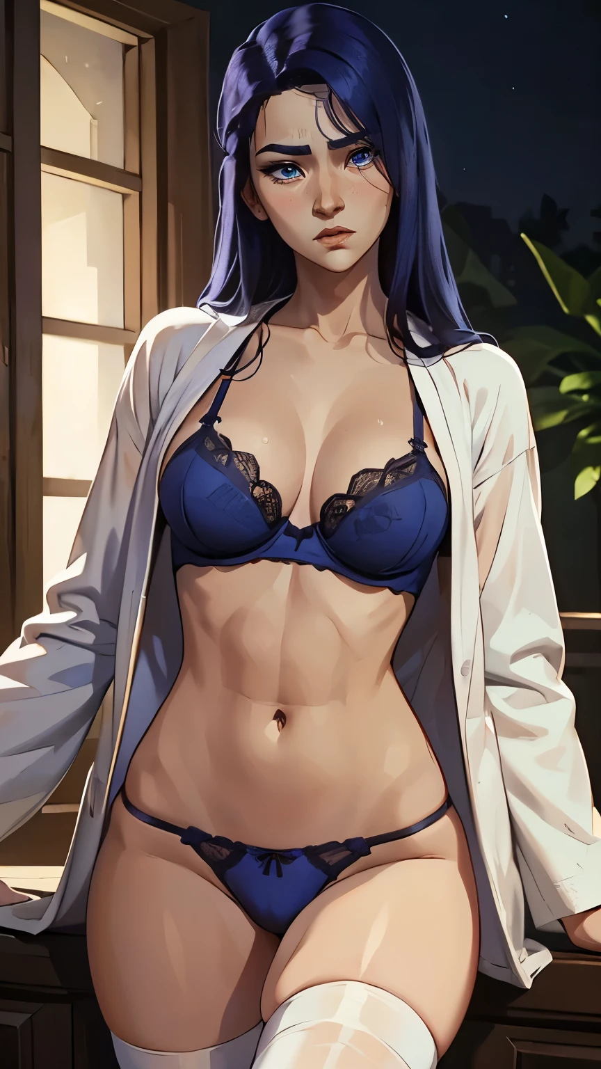 masterpiece, absurdres, realistic face, caitlyn arcane, square chin, 1girl, solo,mature female, sexy detailed lingerie (blue bra and blue thong exposed), showing bra), perfect semi skinny composition, detailed lips, perfect breast, beautiful face, body propotion, blush, (perfect lips), wearing white bathrobe, opening white bathrobe, sexy white bathrobe off, perfect purple hair, purple eyes, soft gaze, detailed, photoshoot, realistic face and body, black thighhighs, sexy pose, low light, night environment