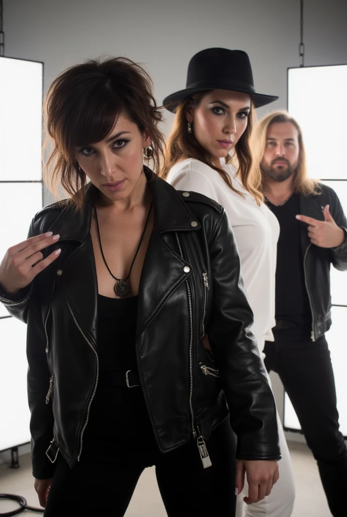 “Portrait realistic photography of a punk rock album cover featuring a confident band striking cool poses. A punk brazilian woman in an all-black leather jacket, while another woman in an all-white outfit and a hat. In the far back, a brown-haired man. The background is illuminated by bright lights, creating a clean and striking visual.