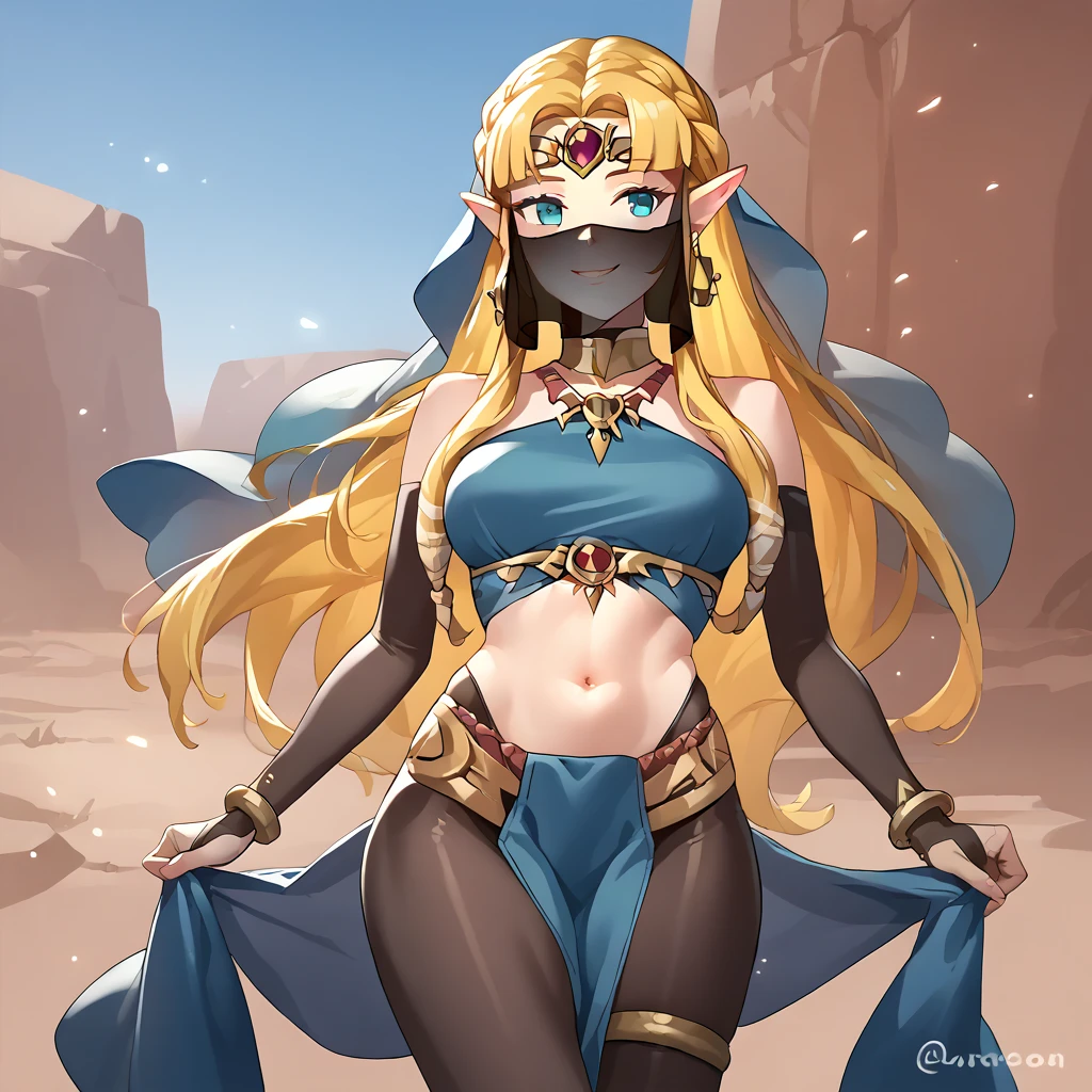 score_9, score_8_up, score_7_up, score_6_up, score_5_up, score_4_up, zPDXL2,source_anime,rating_questionable, 1girl, princess zelda, smile, outdoors, desert, face veil, blue dress, Pl3gian,bodystocking, midriff, pantyhose, bridal gauntlets, bridal legwear, bracelet, earrings,jewelry, bare shoulders, thighlet, pelvic curtain,