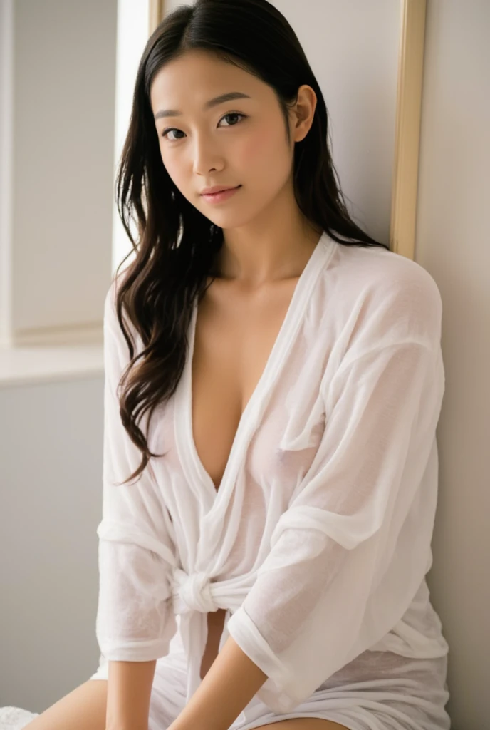 18 years old korean girl, (supermodel face), ( white wet kimono with cleavage ),((( long  hair))), ((small tits)), looking at viewer, kneeling, ((thin face)), prominent cheekbones, seductive face,  (4k realistic professional picture, canon reflex). wetclothes, wet dress showing nipples, ((close up face and tits)), bathroom