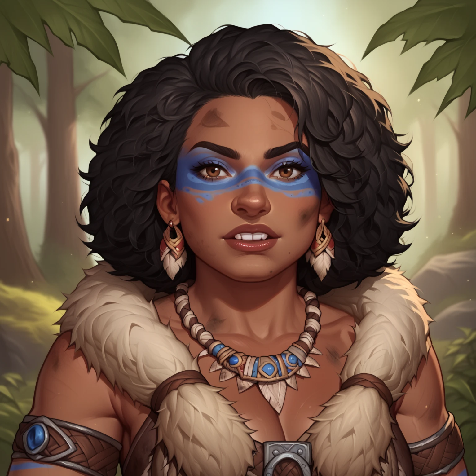 (((beautiful, high quality, detailed face))), score_9, score_8_up, score_7_up, BREAK, (Dwarf, short stature, big nose), (dark skin, brown skin:1.4), black hair, afro hair, jacked, druid, tribal clothes, (blue face paint:1.2), chest band, necklace of teeth, brown fur cape, dirty, dusty, 1girl, mature, female focus, solo, portrait, upper body, portrait, forest background, fantasy, blurred background, Expressiveh, detailxl