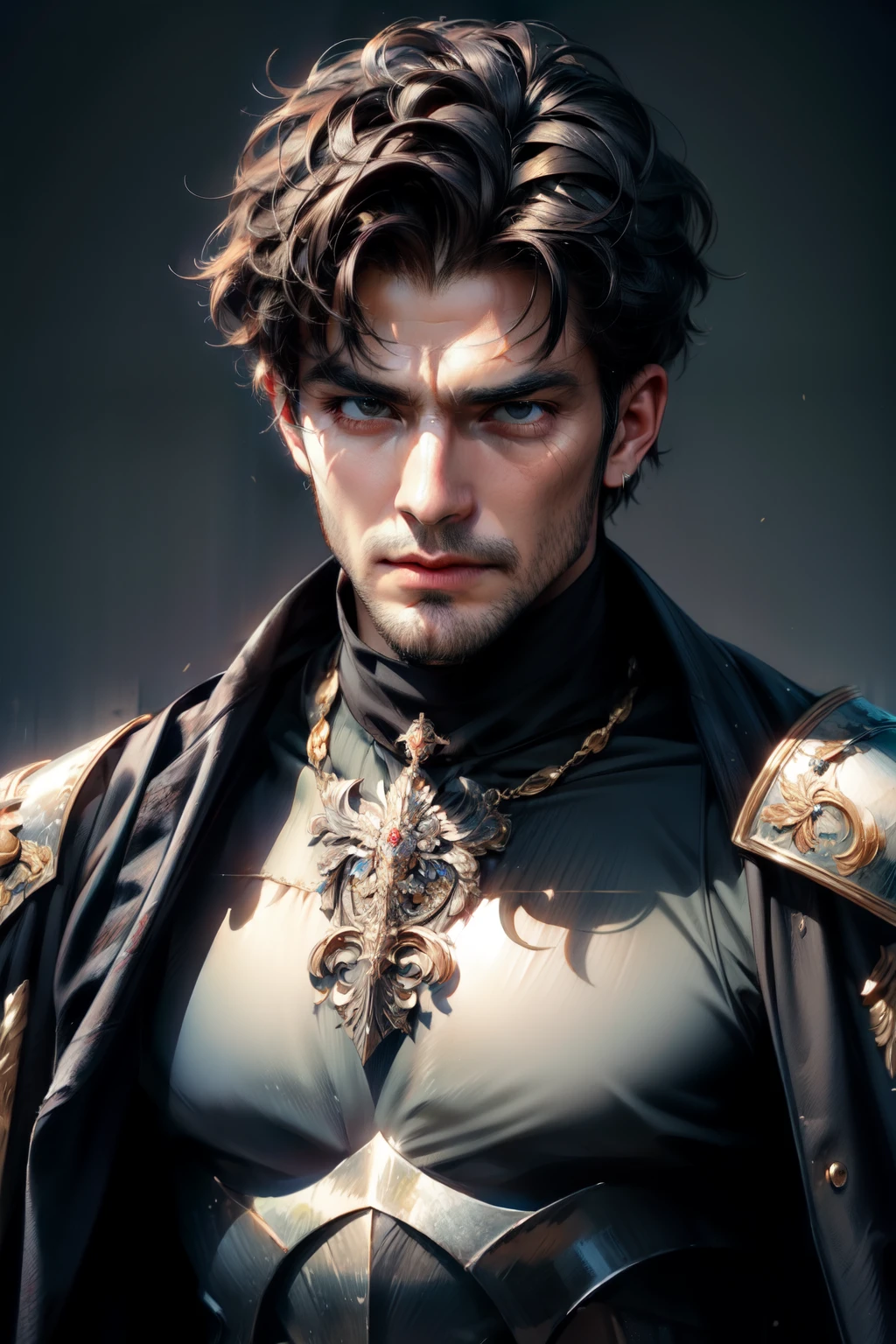 ((High quality)), ((masterpiece)), ((highly detailed)), ((medieval)), ((royal)), ((old man)), ((old face)), tall, broad-shouldered, knight, man, strong, chiseled jawline, short dark hair, intense stormy gray eyes, thick strong brows, polished armor silver dark steel gleaming crest adorned on chest royal sigil battle-ready noble, commanding, confident, rugged, determined, proud