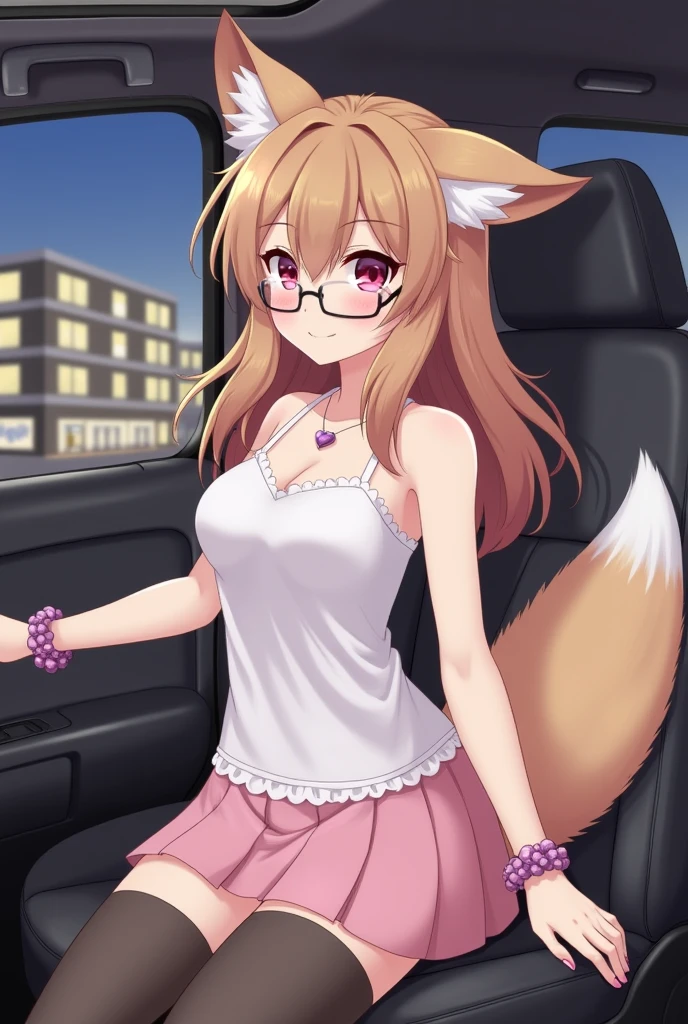 best quality,best resolution,(fluffy anthro furry :1.6),(young :1.6),fox girl,pink eyes,brown long hair,wavy hair,fox tail,small breasts,glasses,white camisole,pink mini skirt,cute bracelets,heart necklace,black stockings,in car,looking at viewer,full face blush,sex desire face,smile,heavy breath,night,side view,apartment parking area