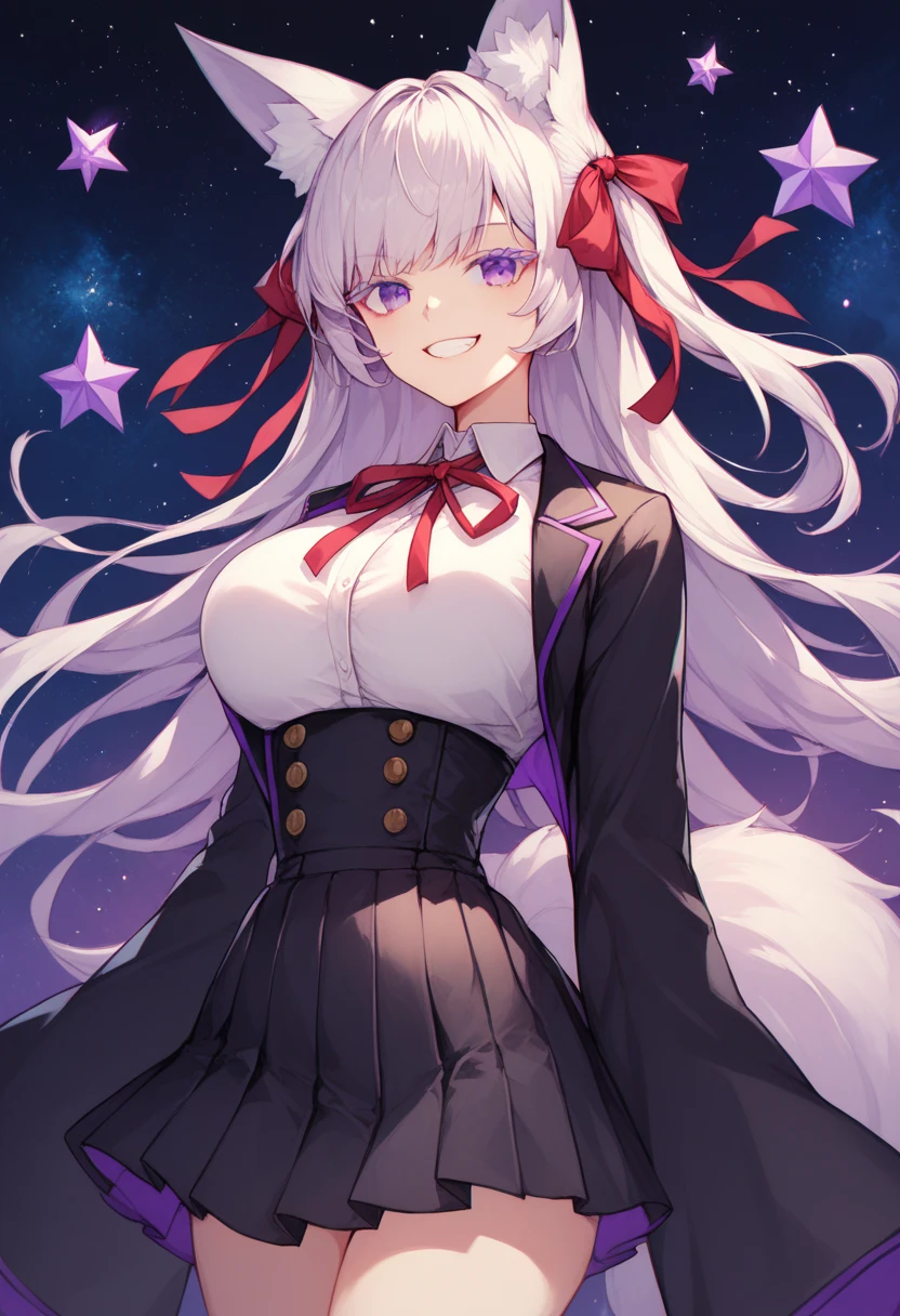 purple eyes, black jacket, black skirt, collared shirt, hair ribbon, high-waist skirt, jacket, long sleeves, neck ribbon, open clothes, open jacket, pleated skirt, red ribbon, ribbon, shirt, skirt, sleeves past wrists, white shirt, wide sleeves, fox ears, fox tail, purple eyelashes, magical sphere, smile, grin, large breasts, stars, space background
