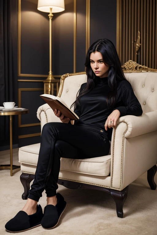 Masterpiece. Portrait. European woman 30 yo, statuesque body, slippers, tracksuit.  Strong jawbone, protruding cheekbones, long black messy hair. Sitting in an armchair, at home, book in hands, reading a book, looking at a book. A black cat lies on the floor. Full-body view. Night.  SFW