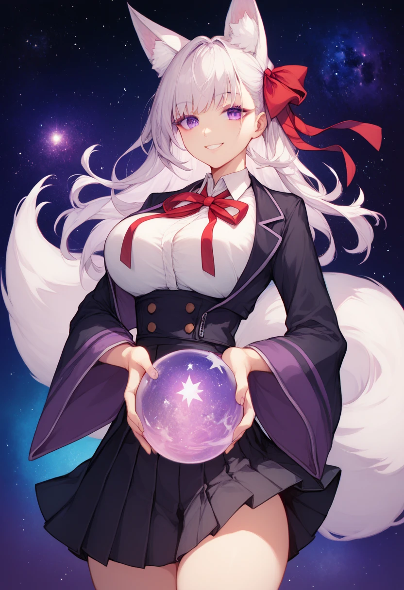 purple eyes, black jacket, black skirt, collared shirt, hair ribbon, high-waist skirt, jacket, long sleeves, neck ribbon, open clothes, open jacket, pleated skirt, red ribbon, ribbon, shirt, skirt, sleeves past wrists, white shirt, wide sleeves, fox ears, fox tail, purple eyelashes, magical sphere, smile, large breasts, space stars, space background, holding magical sphere, thicc thighs
