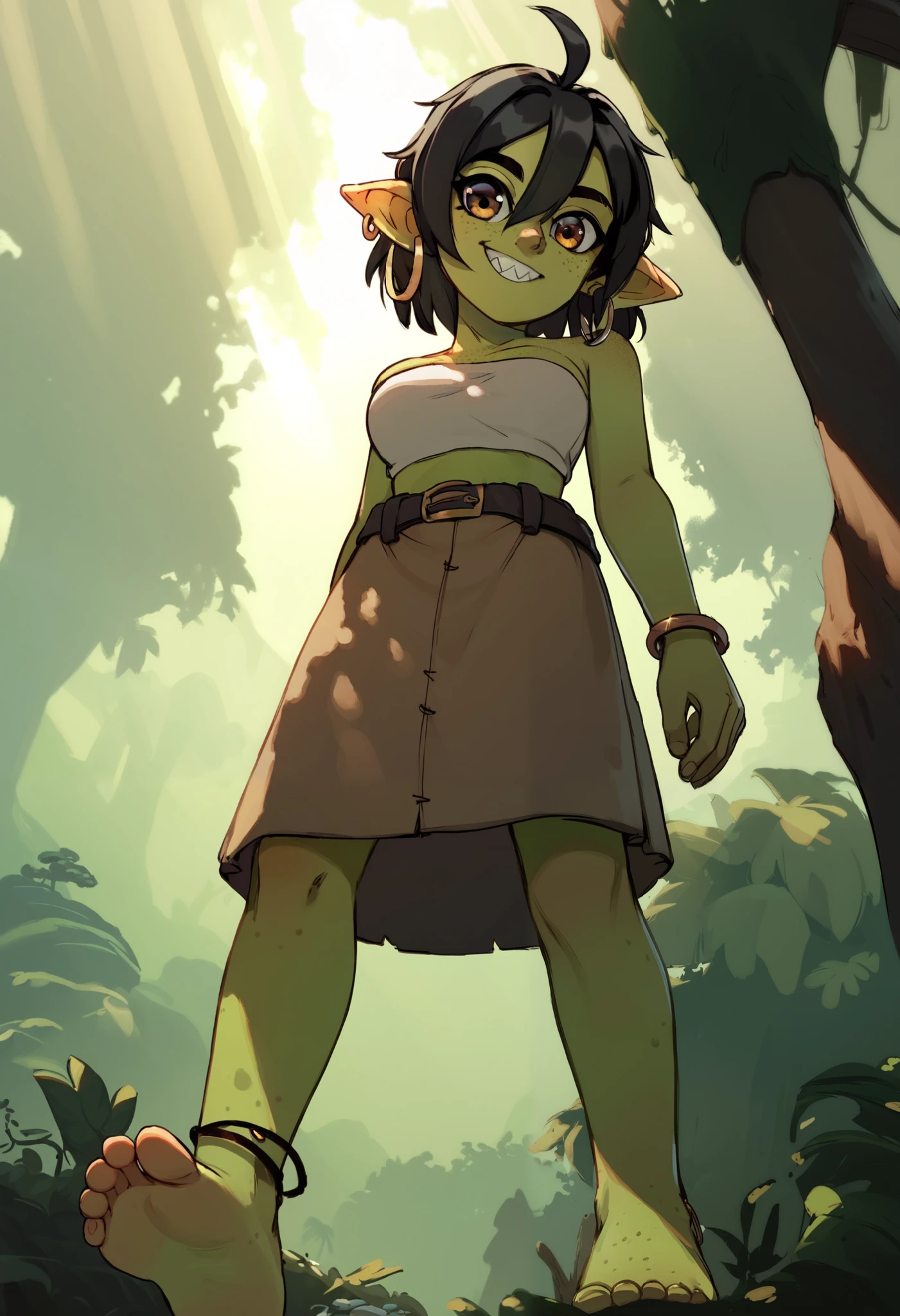 score_9, score_8_up, score_7_up, score_6_up, score_5_up, score_4_up ,outdoor, forest, cepuscular rays, dappled sunlight, moss, fern, BREAK
1girl, solo, brown eyes, black hair, medium hair, ahoge, hair between eyes, inverted bob, sidelocks, skin, green skin, colored skin, female goblin, pointy ears, belt, brown top, tube top, medium breasts, skirt, freckles, smile, barefoot, anklet, bracelet, hoop earrings, looking at viewer, (from below:1.2), head tilt, teeth, sharp teeth, foreshortening, young, eye reflection, feet nude