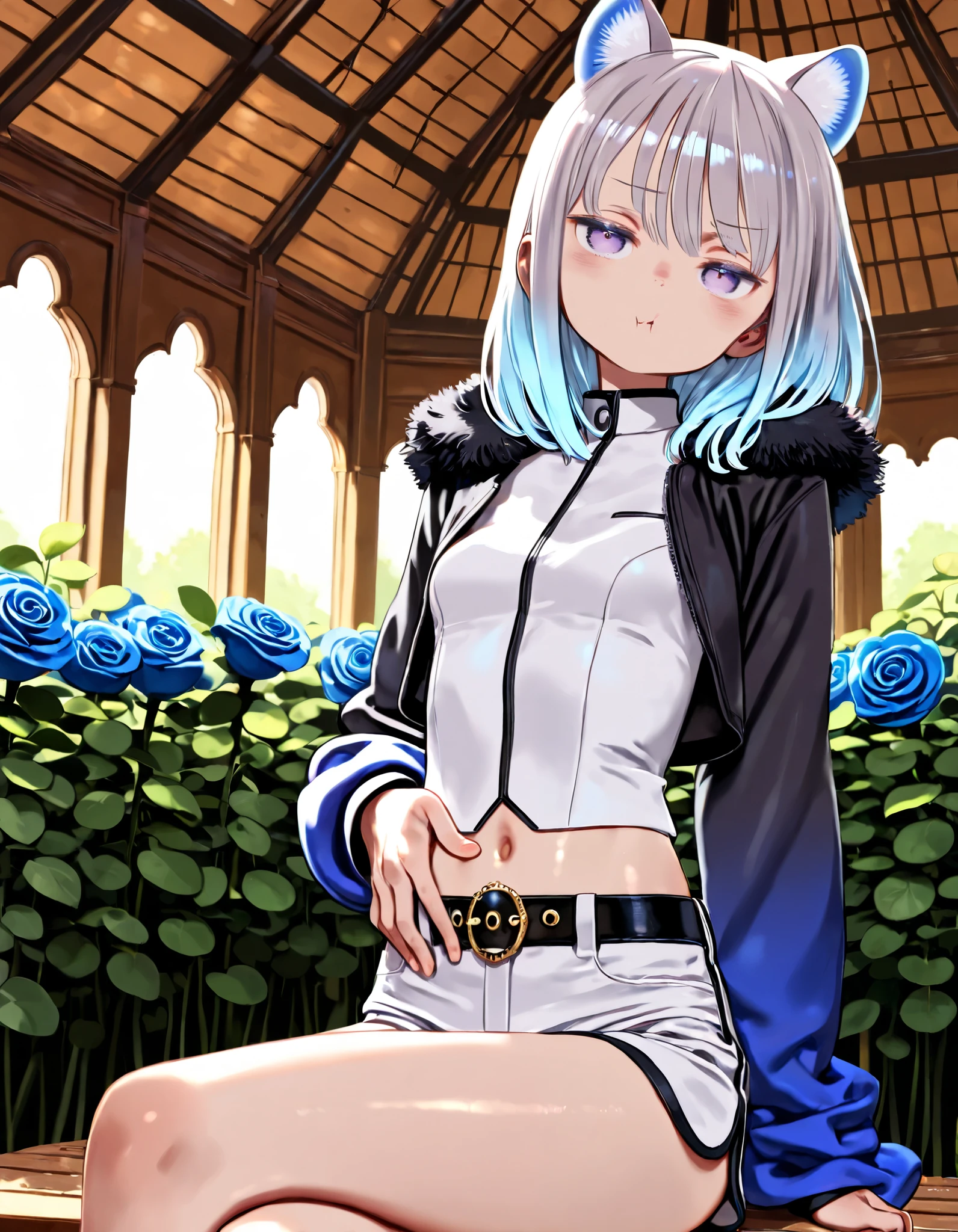 ((Masterpiece)), ((best quality)), (8K), (wide shot), cinematic lighting, (detailed background:1.2), (super detail:1.2),(High Definition:1.3), (Professional Photography:1.2), (very aesthetic:1.2), (absurdres:1.2), (sharp focus), ((1girl)), teenage Girl, (Textured skin), (Realistic skin), (pale purple eyes, gradient eyes, upturned eyes), (platinum-gold hair), ((fanged bangs)), gradient hair, blue color Hair Tip, (medium hair), small breast, (Healthy Gaunt body), face with raised eyebrow, pout mouth, (cute cheeks), glossy lips, pouty lips, bags under the eyes, (lower eyelashes), (tilt head), put on cat ears, BREAK, (cropped shirt, white shirt, gradient jacket, cropped jacket, fur trim), luxury belt, white shorts, ((hand on waist)), (loose sitting, crossed legs, inside the gazebo), Beautiful blue roses garden, ((by Kuroboshi Kouhaku)),