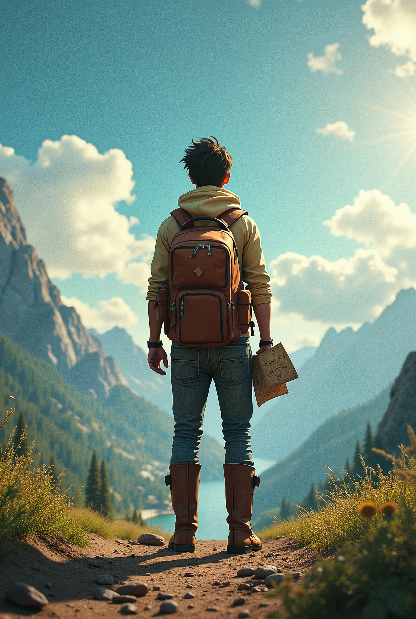 There is a man standing on a mountain with a backpack - SeaArt AI