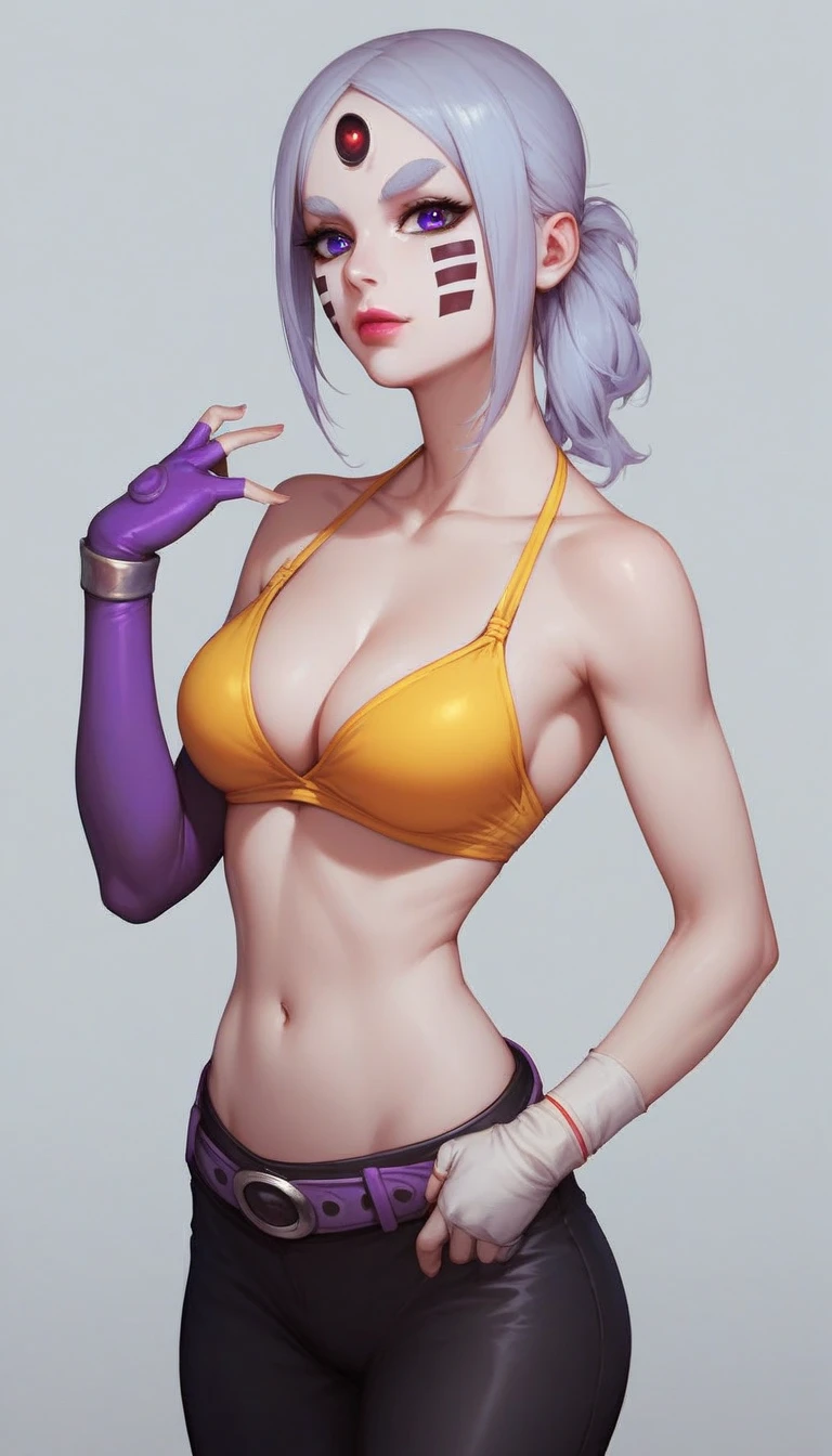 masterpiece,best quality,amazing quality, otsutsuki kaguya, 1girl, grey background, third eye, navel, purple belt, looking at viewer, simple background, single glove, yellow bra, underwear, jewelry, makeup, lipstick, swimsuit, facial mark, cowboy shot, cleavage,pale skin,  purple gloves, collarbone, bare shoulders, yellow bikini, lips, thick eyebrows, fingerless gloves, black pants, wristband, groin, rinne sharingan