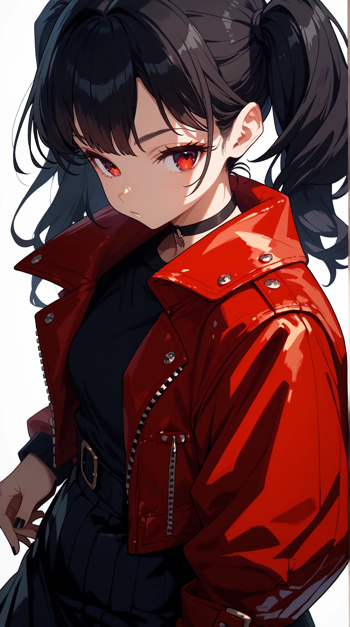 score_9, score_8_up, score_7_up, rating_safe, masterpiece, best quality, half body shot, solo, 1girl, (black hair), twintails hair, red eyes, black skirt, black shirt, short simple red leather jacket, black thigh high boots, black choker, black painted nails, white background