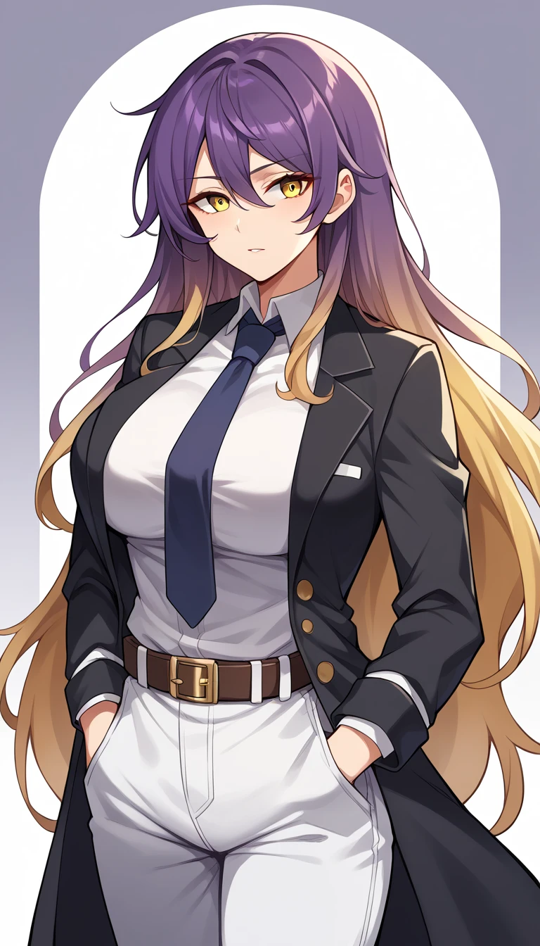 1girls, solo, female_focus, necktie, formal, gloves, suit, , adjusting_clothes, belt, hand_in_pocket, shirt,, , jacket, pants, long_sleeves,large breast,long hair, yellow eyes,hijiri_byakuren
purple hair, blonde hair, two-tone hair, gradient hair, 