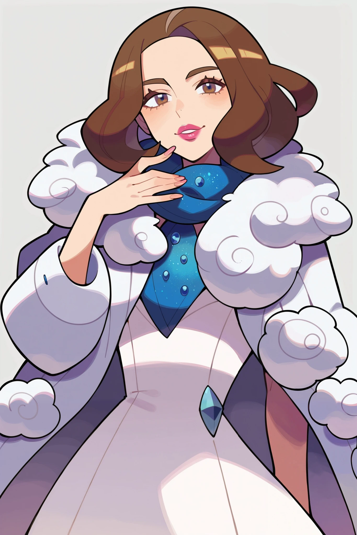 score_9, score_8_up, score_7_up, pokemon pokemon_(anime) pokemon_journeys pokemon_sv pokemon_bw2 1woman white_fur_coat gray_fur_scarf pink_lipstick bob_brown_hair elegant_pose sharp_focus standing detailed_face hyper_detailed, brown hair, white fur coat, white tube dress under coat, gray fur scarf, pink lipstick, bob brown hair, elegant pose, simple background.