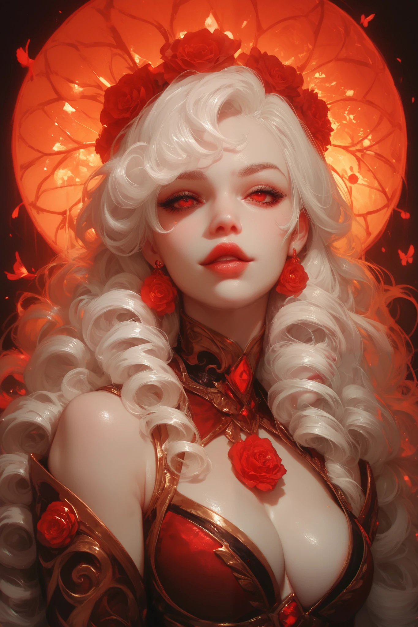A beautiful majestic and stunning woman, she has beautiful very long curly white hair with bangs, vibrant bright red eyes, very white skin, on a background with forests.