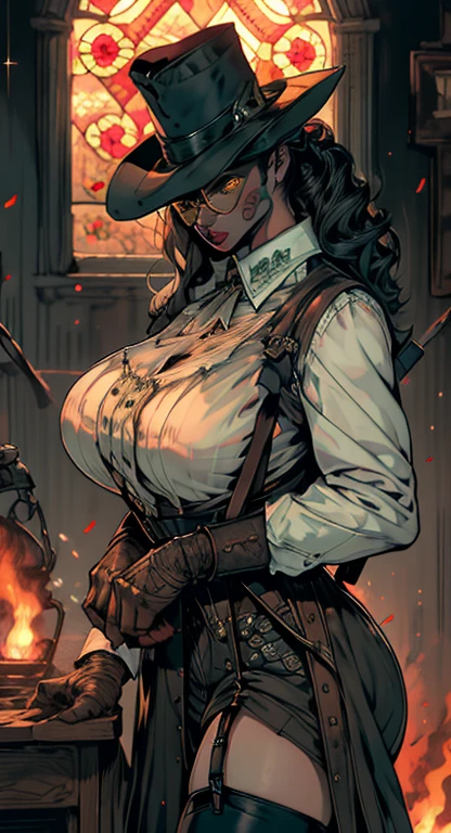 cowboy, Head hunter , massive perfect breasts, bare chest, erect nipples, cowboy hat, Magical energies, hd, cinematic realistic, hipperrealistic, superrealistic 